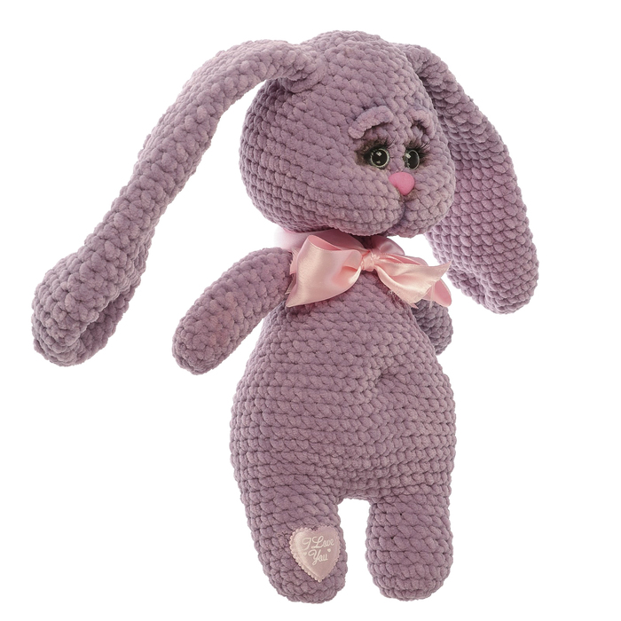 Сувенир вязаный "Заяц лиловый" с розовым бантом, 40см