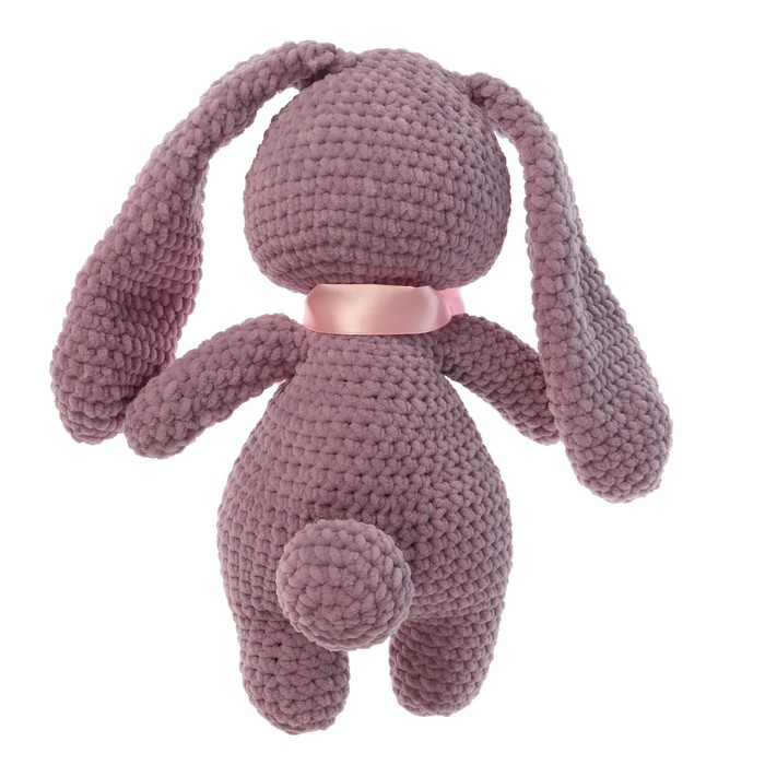 Сувенир вязаный "Заяц лиловый" с розовым бантом, 40см