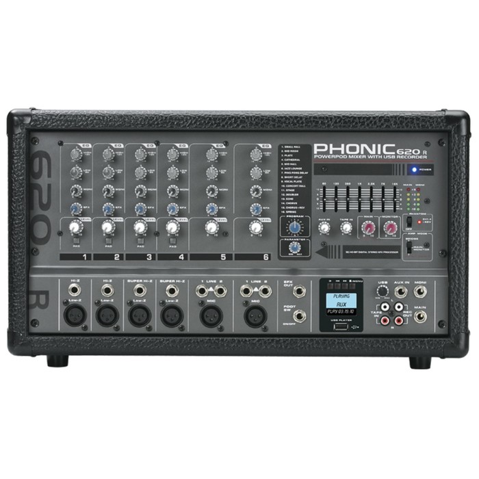 Микшер Phonic POWERPOD 620R 6-и канальный , 2х100Вт/4Ом (мост 200Вт/8Ом), USB, MP3