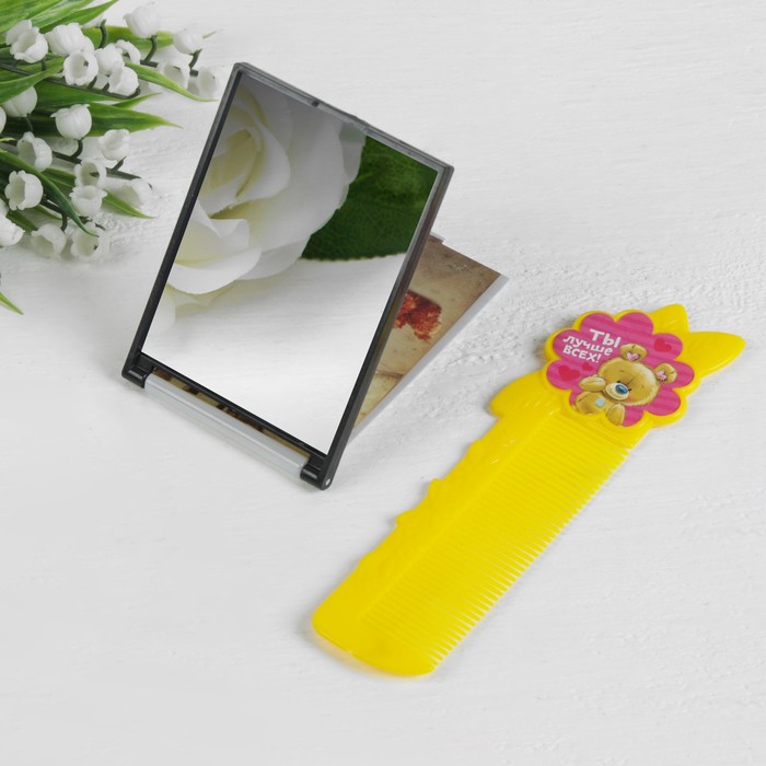 Набор "Мишка", 2 предмета: зеркало, расчёска, 13см, цвет МИКС