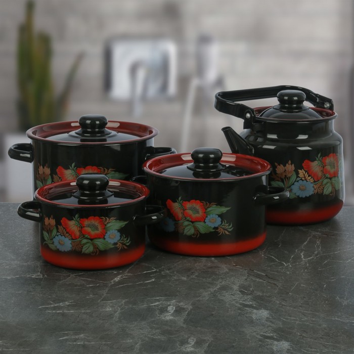 Набор посуды "Кармен", 4 предмета : кастрюли 1,5 л, 3 л, 4,5 л, чайник 3,5 л