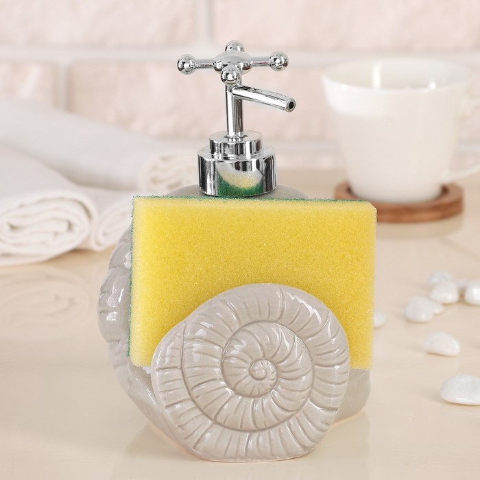 Дозатор для моющего средства 400 мл "Ракушка", с губкой, цвет серый