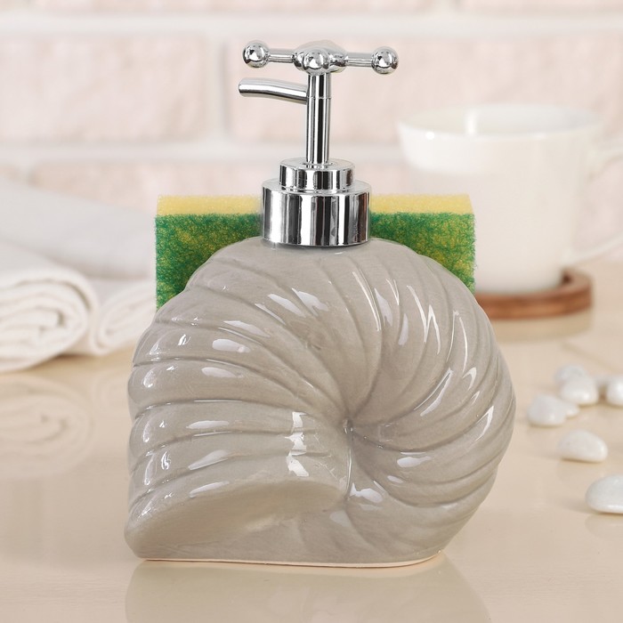 Дозатор для моющего средства 400 мл "Ракушка", с губкой, цвет серый