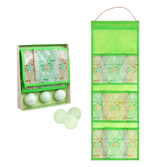 Набор для ванной "Стильные узоры": кармашек на 3 отделения из пластика и 3 бурлящих шара