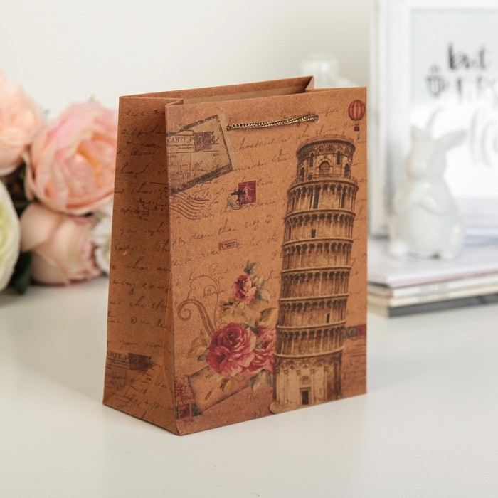 Пакет крафт "Пизанская башня", 14 х 7 х 18 см