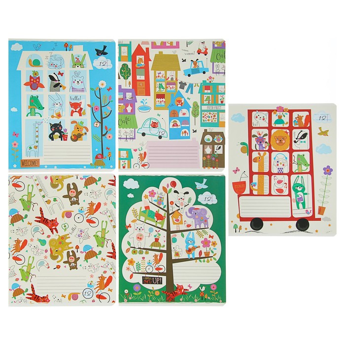 Тетрадь 12 листов линейка "Город животных", обложка мелованный картон, УФ-лак