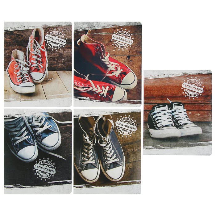 Тетрадь 48 листов клетка "Кеды", картонная обложка, тиснение "лён"