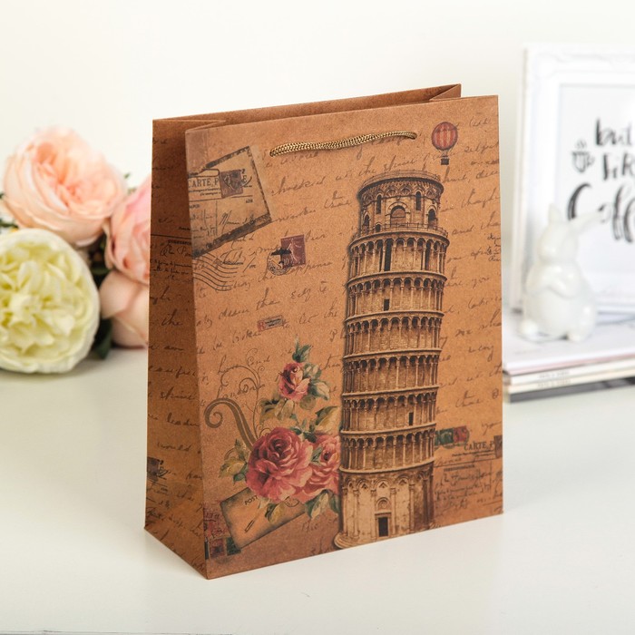 Пакет крафт "Пизанская башня", 20 х 8 х 25 см