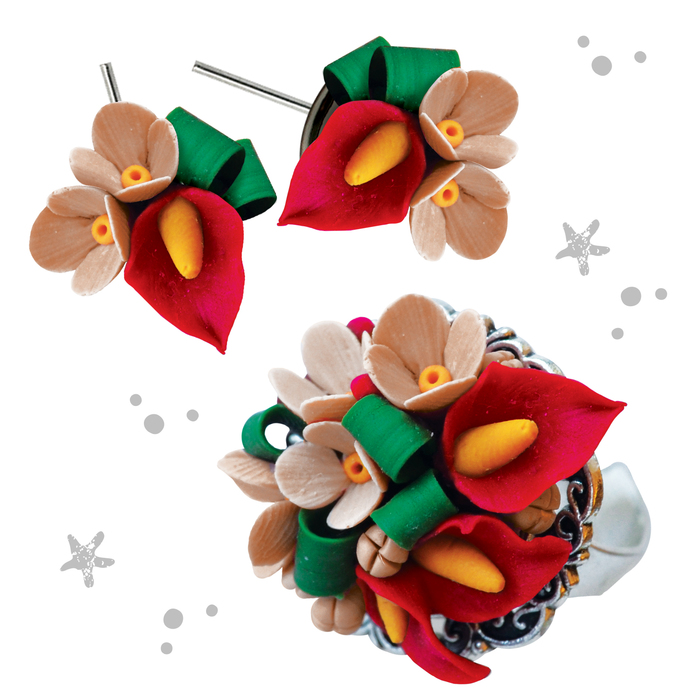 Украшения из полимерной глины "Каллы", набор: серьги и кольцо