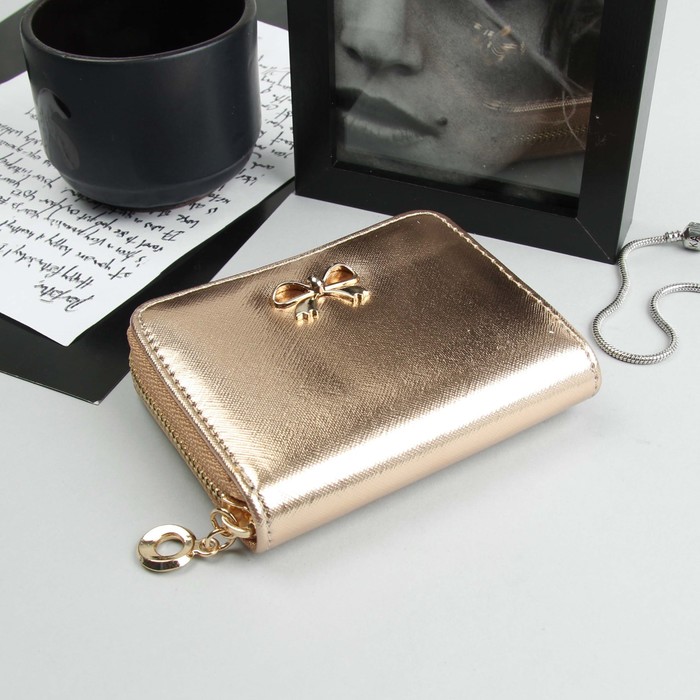 Кошелёк женский "Бантик", 2 отдела, для карт, для монет, цвет золотой перламутровый