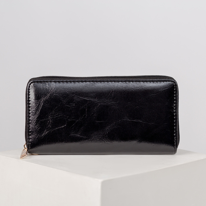 Кошелёк женский "Стелла", 3 отдела, для карт, для монет, с ручкой, цвет чёрный