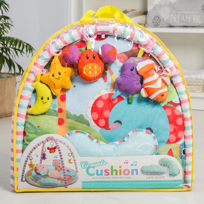 Развивающий коврик с дугами «Слоник и друзья», 5 игрушек, с подушечкой, музыкальная игрушка