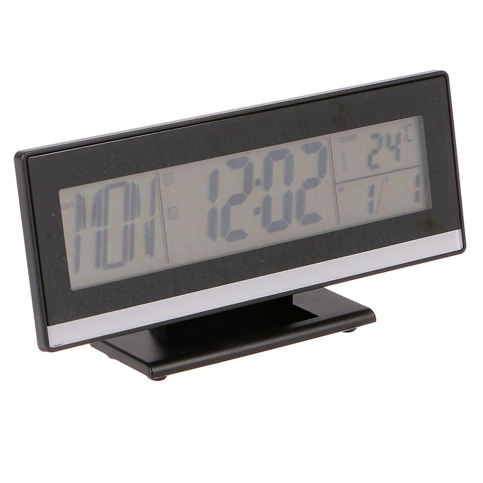 Электронные часы-будильник, подсветка на звук, бат 3ААА, день нед, тем-ра, чёрный, 9х18.5 см