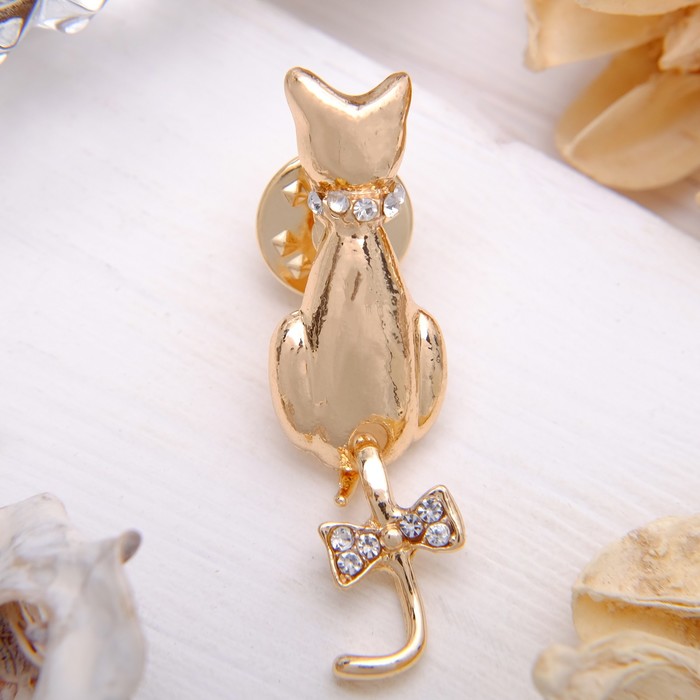 Брошь "Кошка" с виляющим хвостом, цвет белый в золоте
