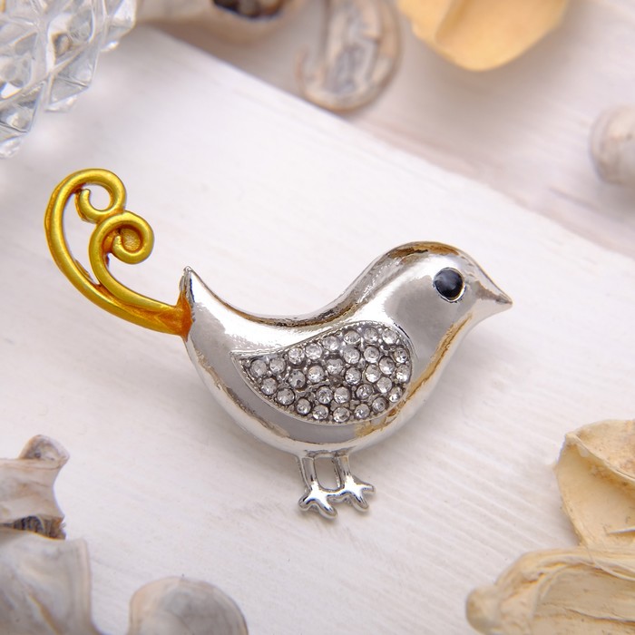 Брошь "Птичка" с кудрявым хвостом, цвет серебряно-золотой