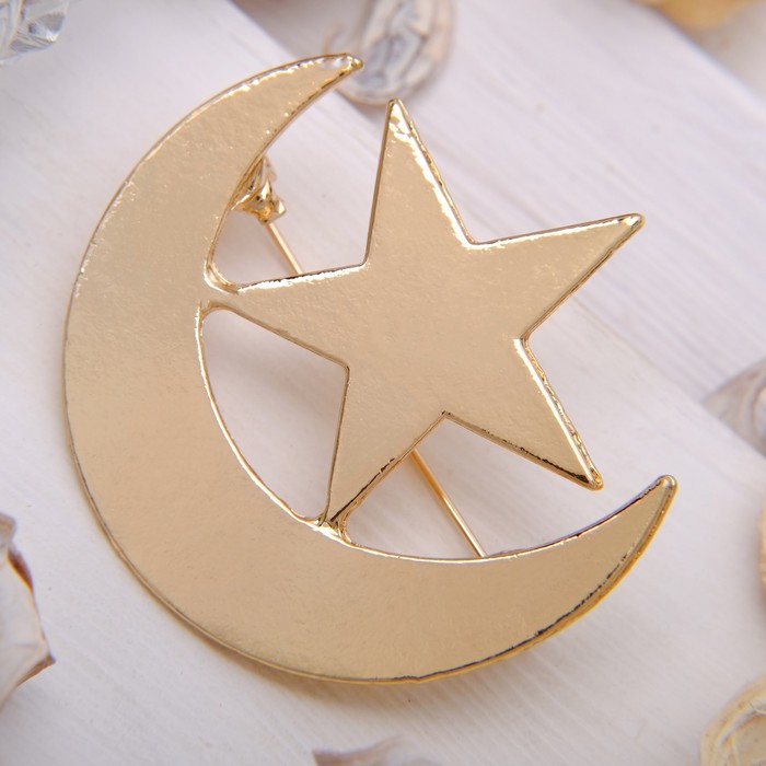 Брошь "Месяц со звездой", цвет золото