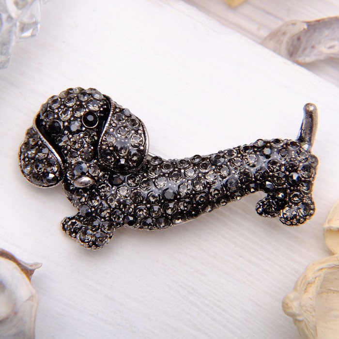 Брошь "Такса", цвет серо-черный в черненом серебре
