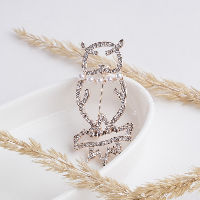 Брошь "Сова-филин" лесные, цвет белый в розовом золоте