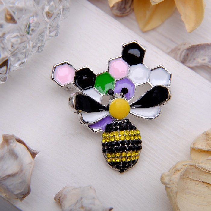 Брошь "Пчела с сотами", цветная в серебре