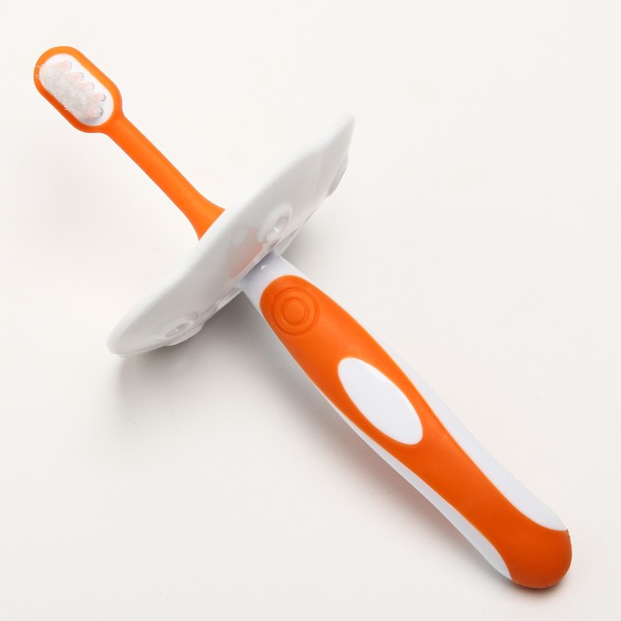 Зубная щётка детская, набор 3 шт. с ограничителем: силиконовая, с мягкой щетиной, для языка, от 3 мес., цвет оранжевый