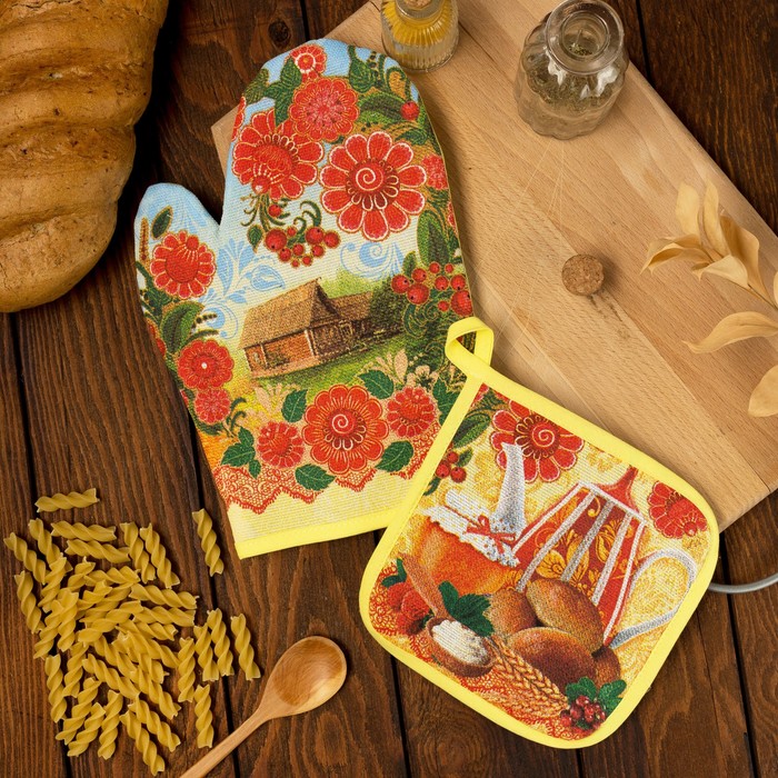 Набор "Доляна" Хлебосолье: варежка 18х26 см, прихватка 17х17 см, рогожка 162 г/м2