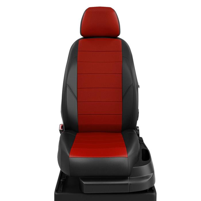 фото Авточехлы для renault sandero с 2009-2014г. хэтчбек задние спинка 40 на 60, сиденье единое, 5 подголовников. (без air-bag передние сиденья), экокожа, красно-чёрная автолидер №1