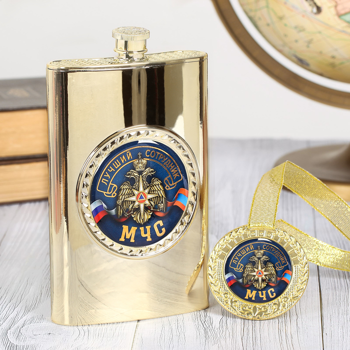 Подарочный набор "Лучший сотрудник МЧС", фляжка 300 мл, медаль