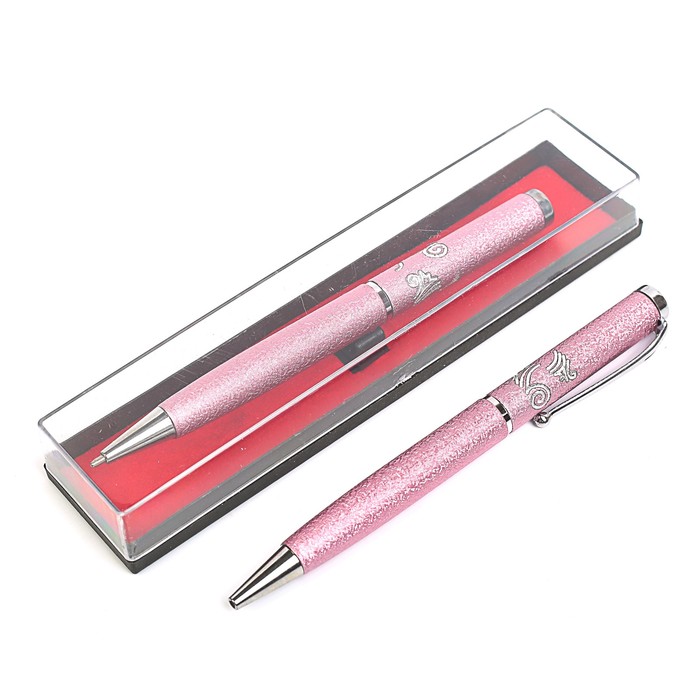 Ручка подарочная шариковая в пластик футляре поворотная Амели розовая с сереб вставками