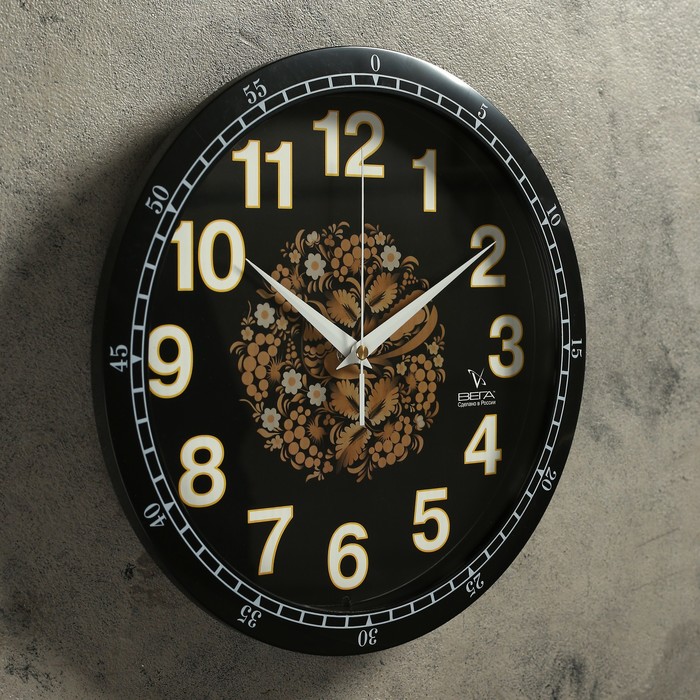 Часы настенные круглые "Хохломские мотивы", d=28,5 см, чёрные