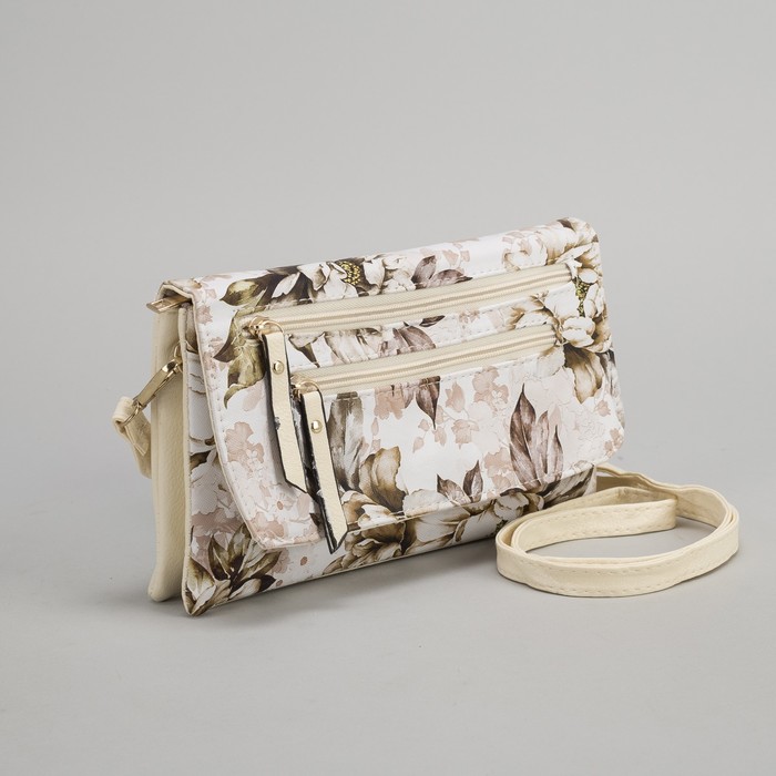 Клатч женский, 3 отдела на молнии, 2 наружных кармана, длинный ремень, цвет бежевый