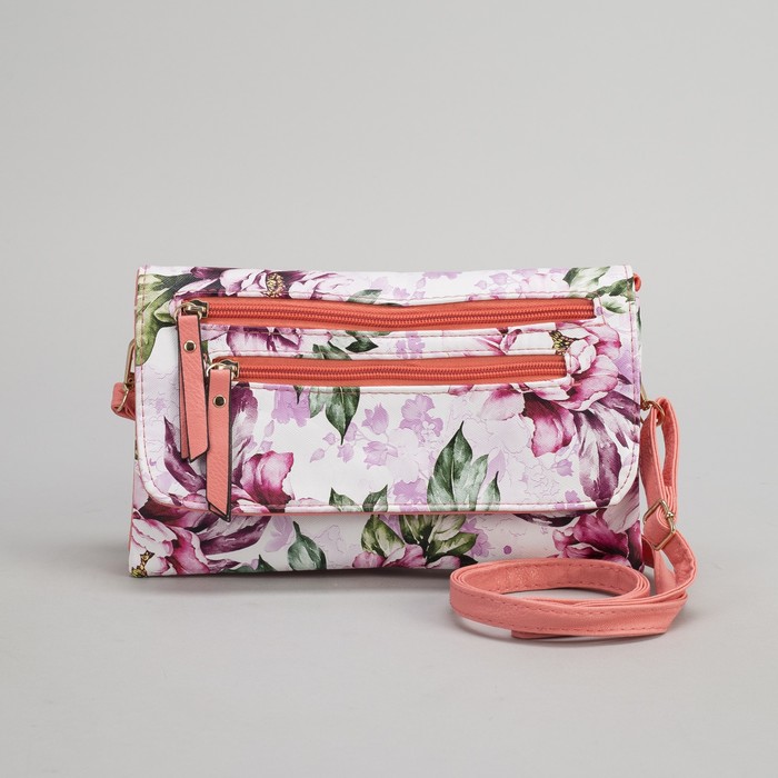 Клатч женский, 3 отдела на молнии, 2 наружных кармана, длинный ремень, цвет розовый