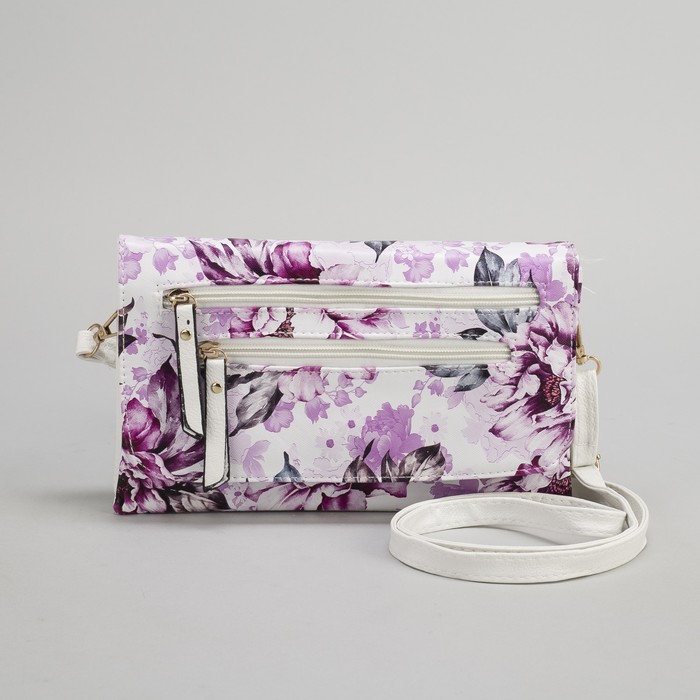 Клатч женский, 3 отдела на молнии, 2 наружных кармана, длинный ремень, цвет белый