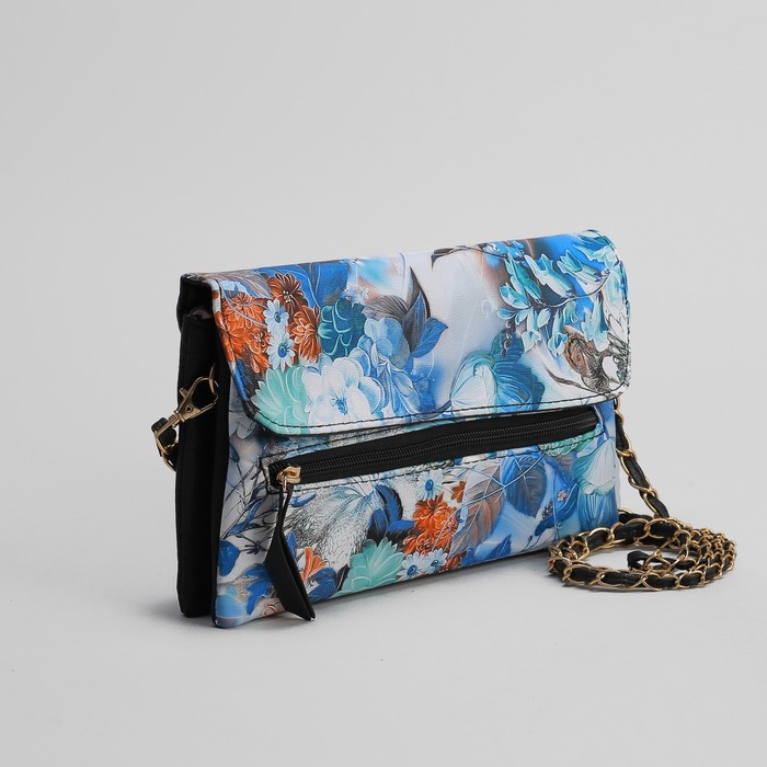 Клатч женский, 3 отдела на молнии, наружный карман, длинный ремень, цвет чёрный