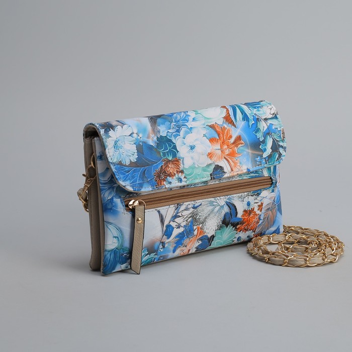 Клатч женский, 3 отдела на молнии, наружный карман, длинный ремень, цвет хаки