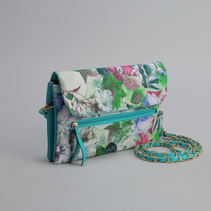 Клатч женский, 3 отдела на молнии, наружный карман, длинный ремень, цвет бирюзовый