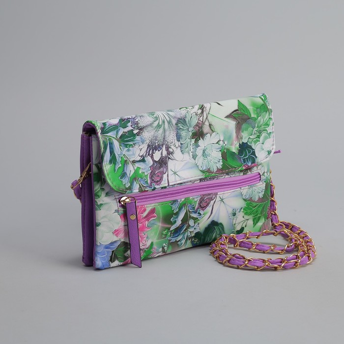 Клатч женский, 3 отдела на молнии, наружный карман, длинный ремень, цвет сиреневый