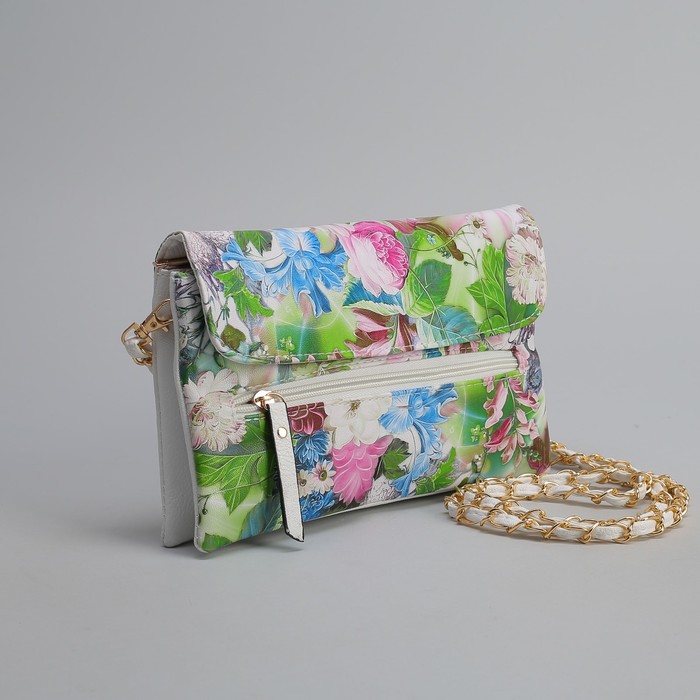 Клатч женский, 3 отдела на молнии, наружный карман, длинный ремень, цвет белый