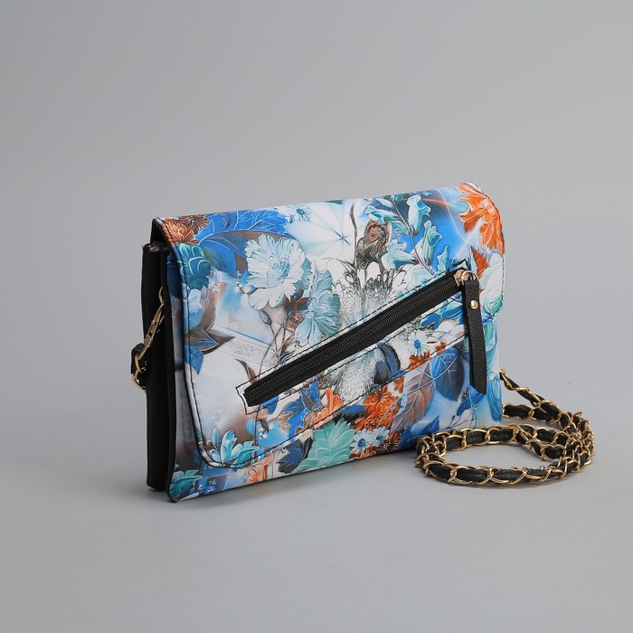 Клатч женский, 3 отдела на молнии, наружный карман, длинный ремень, цвет чёрный