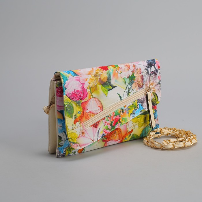 Клатч женский, 3 отдела на молнии, наружный карман, длинный ремень, цвет бежевый