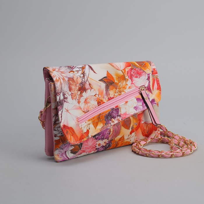 Клатч женский, 3 отдела на молнии, наружный карман, длинный ремень, цвет розовый