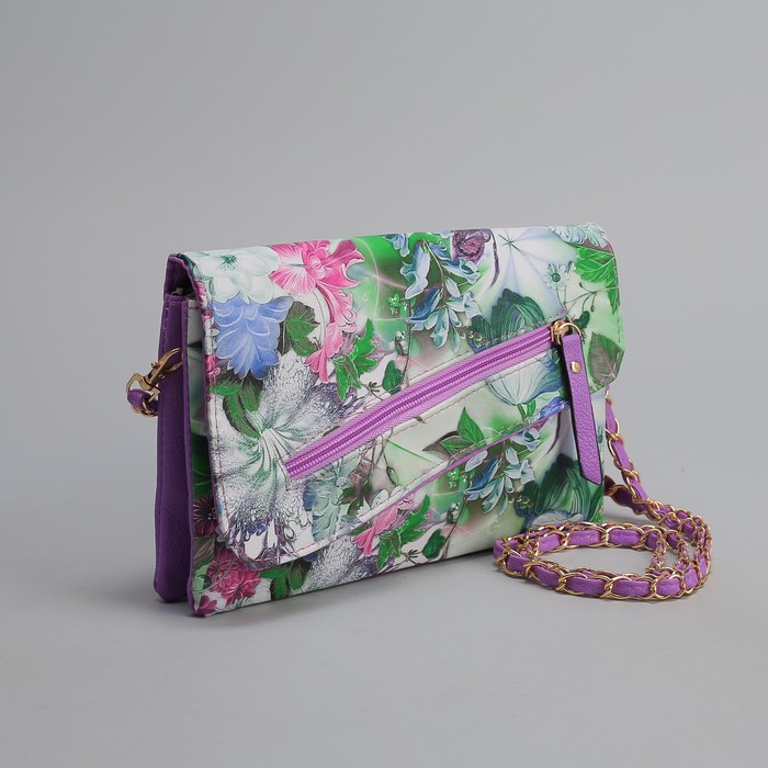 Клатч женский, 3 отдела на молнии, наружный карман, длинный ремень, цвет сиреневый