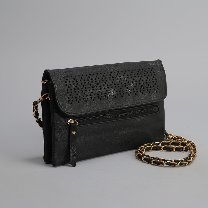 Клатч женский, 3 отдела на молнии, наружный карман, длинный ремень, цвет чёрный