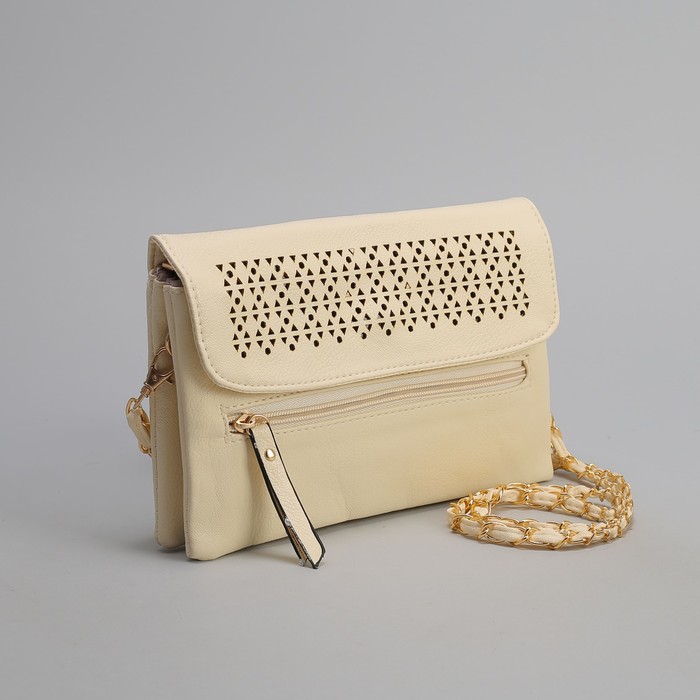 Клатч женский, 3 отдела на молнии, наружный карман, длинный ремень, цвет бежевый