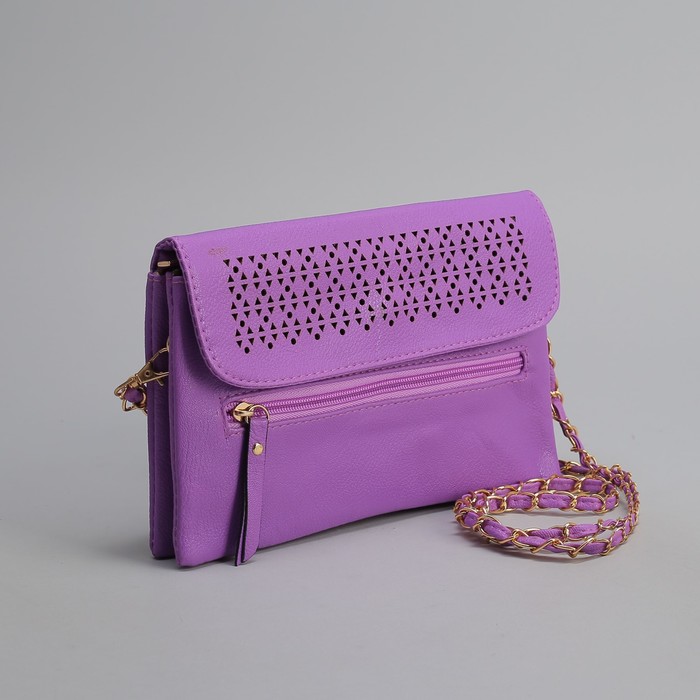 Клатч женский, 3 отдела на молнии, наружный карман, длинный ремень, цвет фиолетовый