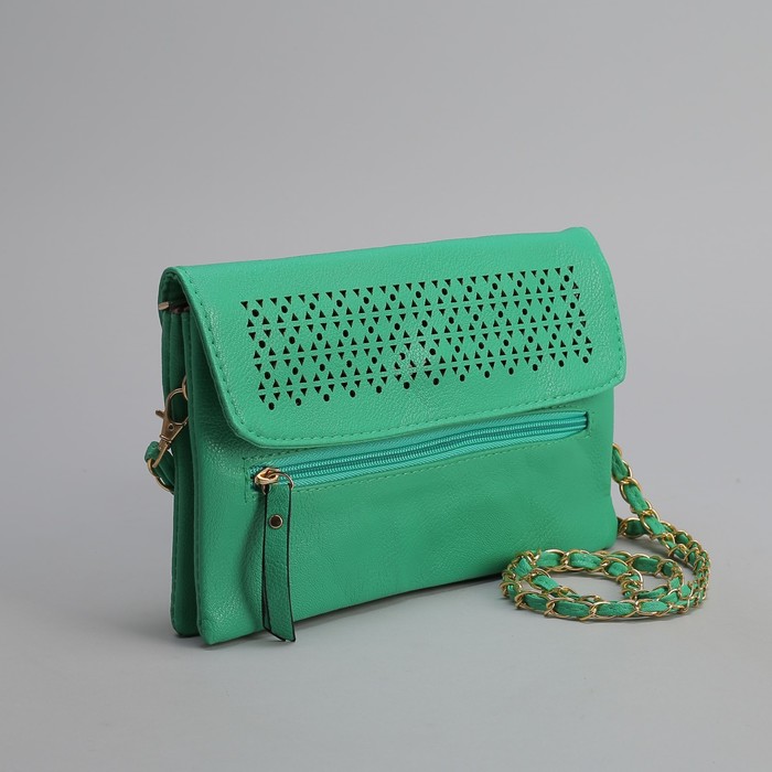 Клатч женский, 3 отдела на молнии, наружный карман, длинный ремень, цвет зелёный