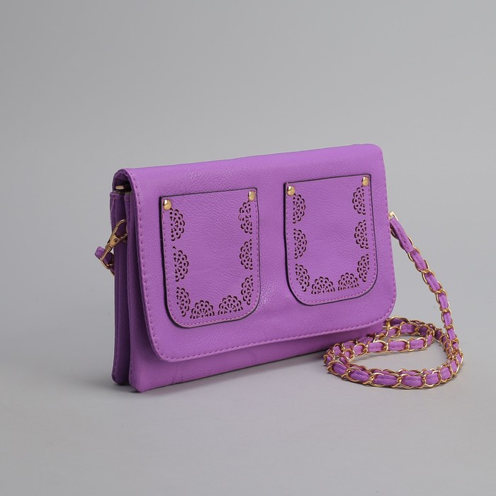 Клатч женский, 3 отдела на молнии, 2 наружных кармана, длинный ремень, цвет фиолетовый