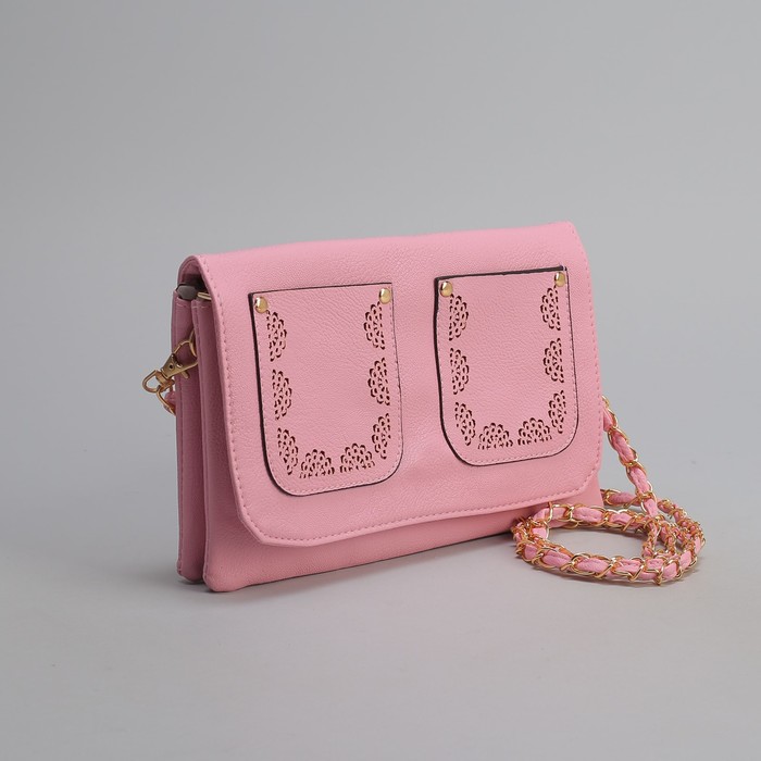 Клатч женский, 3 отдела на молнии, 2 наружных кармана, длинный ремень, цвет коралловый