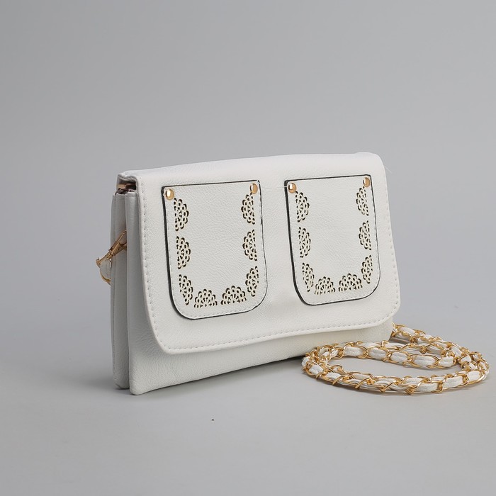 Клатч женский, 3 отдела на молнии, 2 наружных кармана, длинный ремень, цвет белый