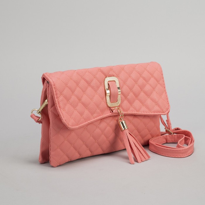 Клатч женский, 3 отдела на молнии, длинный ремень, цвет розовый