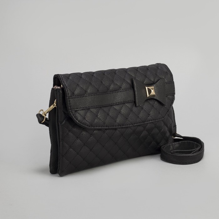 Клатч женский, 3 отдела на молнии, длинный ремень, цвет чёрный